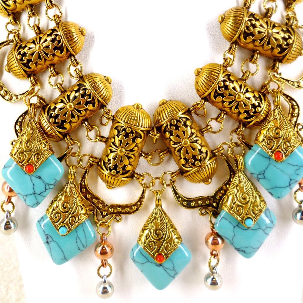 Necklace Amazing Exotic Gold Tone Filigree Faux Turquoise & Coral Perfect Cond - Picture 3 of 5